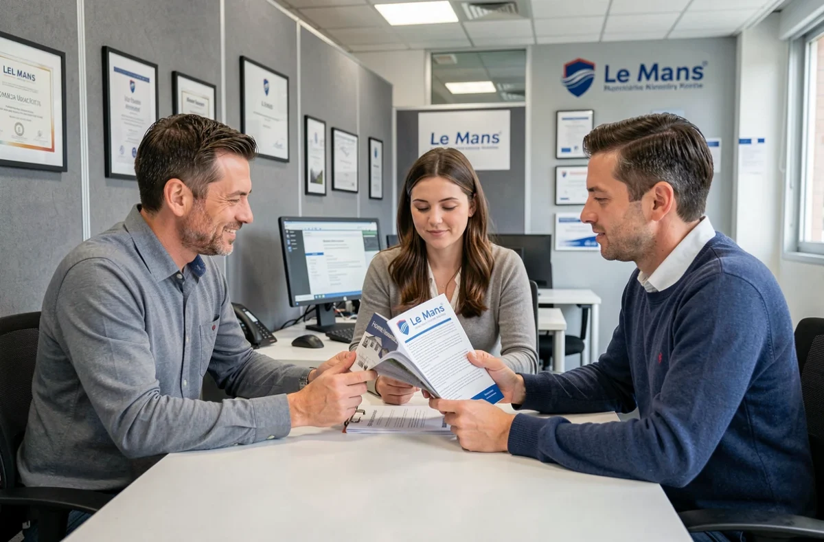 Couple en rendez-vous avec un conseiller en assurance habitation dans une agence du Mans