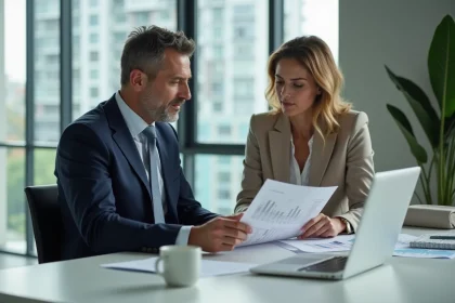 Conseiller immobilier 123 Net Immo présentant un dossier d'investissement à un client dans une agence moderne