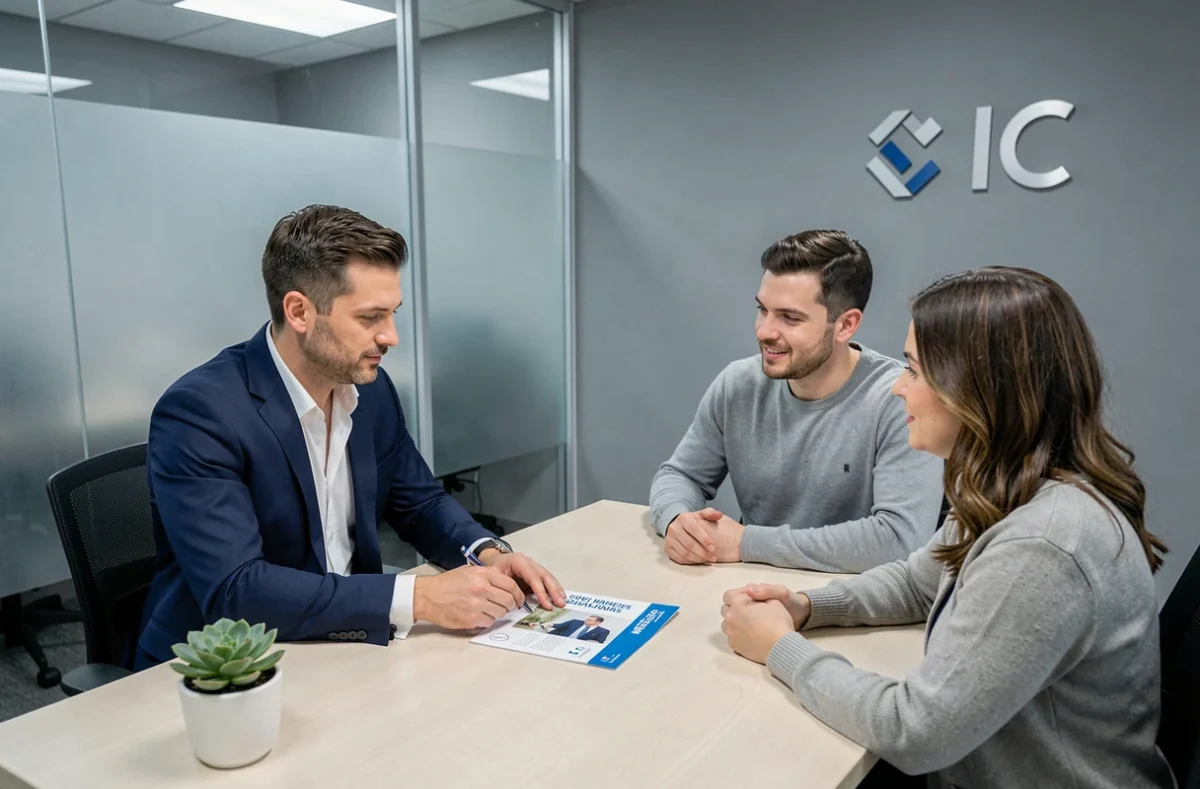 Conseiller en assurance habitation CIC expliquant les garanties multirisques à un couple de propriétaires