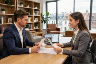 Conseiller immobilier professionnel de Lyon présentant des options d'investissement à un couple dans une agence moderne avec vue sur la ville