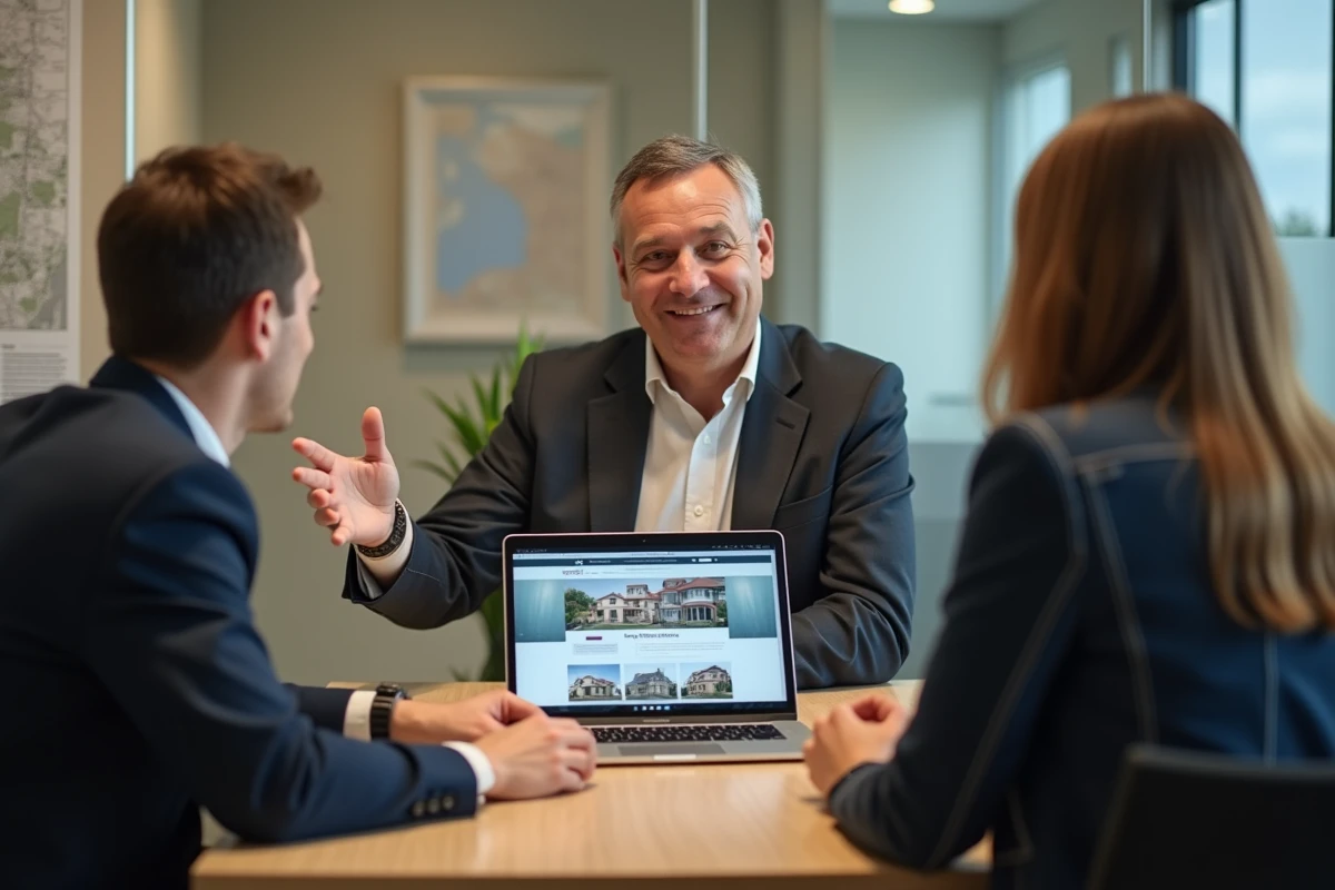 Conseiller immobilier expliquant une annonce de bien à un primo-accédant lors d'un rendez-vous