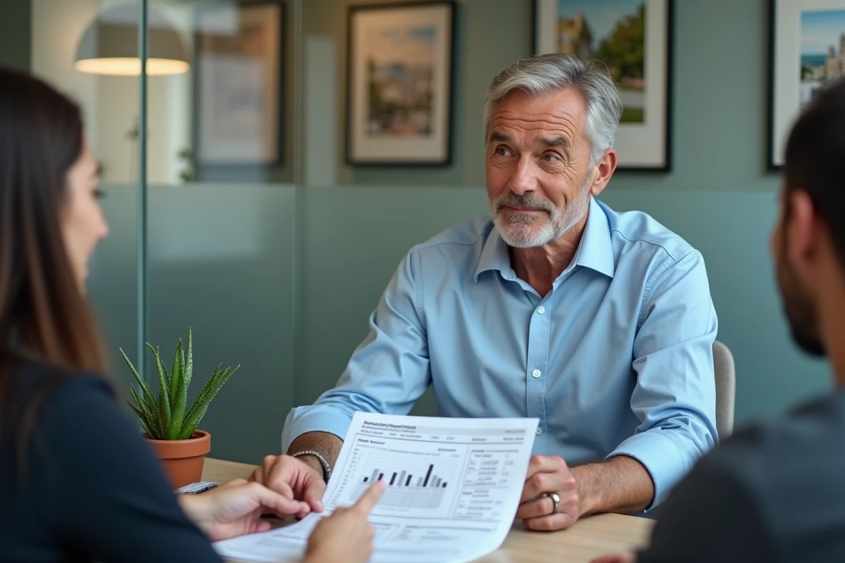 Conseiller immobilier expliquant un rapport de rentabilité locative à des investisseurs dans une agence