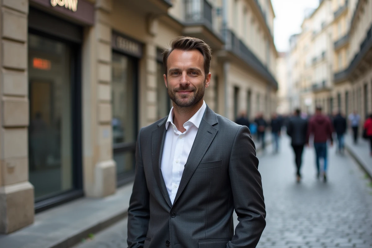Consultant immobilier de petite agence indépendante devant un immeuble haussmannien à Lyon face aux grandes enseignes