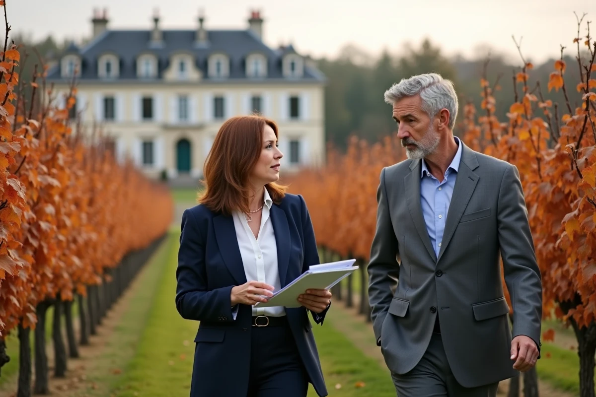 Deux consultants en transaction immobilière viticole marchant entre les vignes d'un domaine bordelais en automne