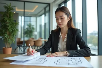 Jeune femme consultant des documents immobiliers dans une agence moderne pour son premier achat