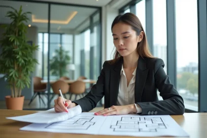 Jeune femme consultant des documents immobiliers dans une agence moderne pour son premier achat