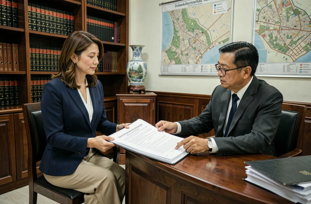 Femme expatriée consultant un avocat thaïlandais spécialisé dans la loi sur les condominiums et la propriété étrangère