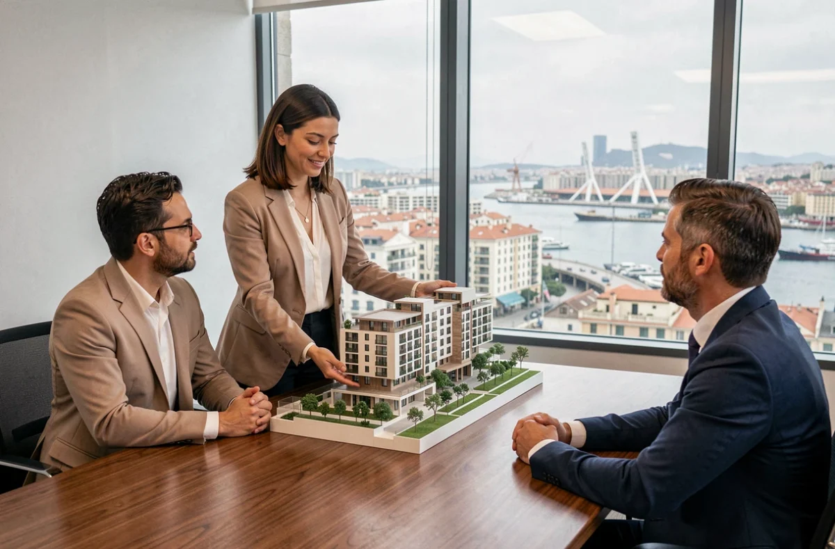Consultante immobilière présentant un projet résidentiel à des clients dans un bureau moderne avec vue sur Marseille