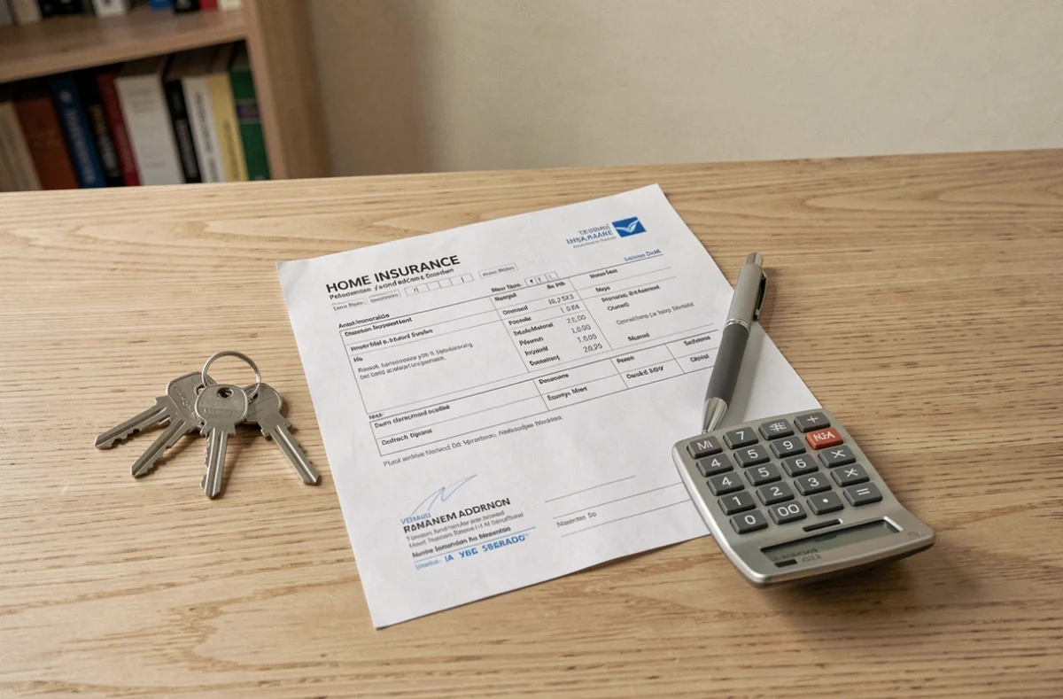 Gros plan sur un contrat d'assurance habitation, des clés d'appartement et un stylo sur un bureau en bois