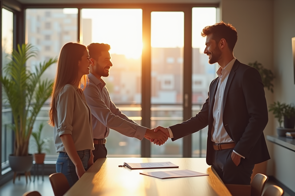 Jeune couple signant un contrat de location dans un appartement lumineux