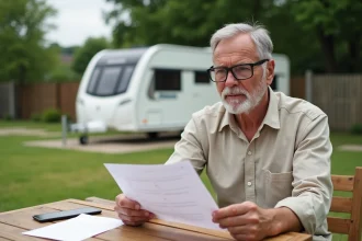 Homme examinant un contrat de location de terrain pour caravane à l'année en milieu rural