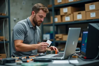 Technicien analysant un badge de contrôle d'accès avec un lecteur RFID dans un atelier électronique en 2026