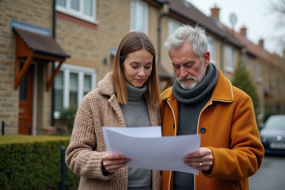 Couple consultant des documents d'assurance immobilière devant leur future maison après un antécédent médical
