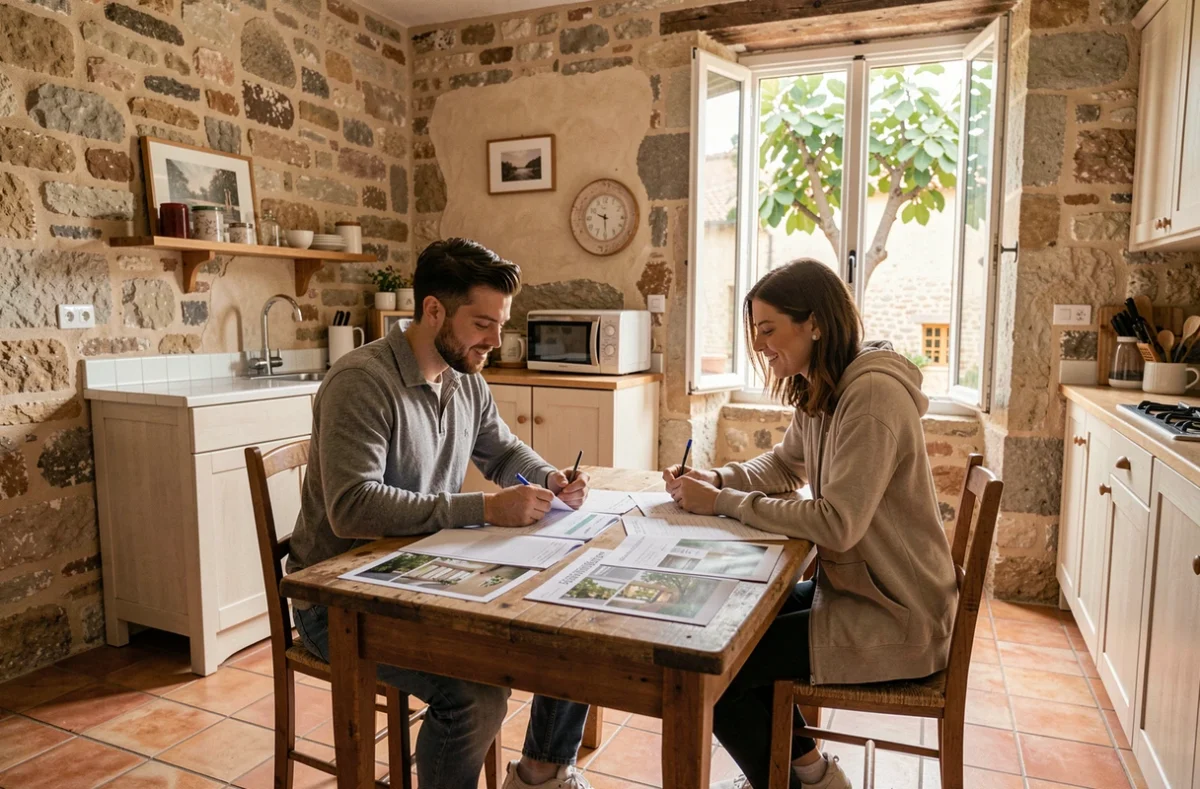 Couple étudiant leur budget logement dans un appartement chaleureux aux murs en pierre dans un quartier abordable d'Avignon