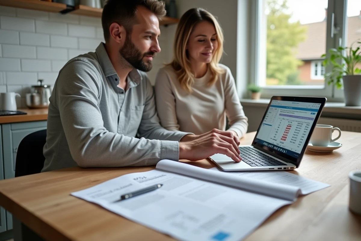 Un couple consulte un tableau de calcul fiscal sur ordinateur portable pour préparer leur déclaration liée à une vente immobilière
