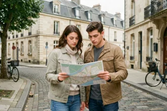 Jeune couple étudiant une carte de quartier dans une rue résidentielle de Caen avant leur emménagement en 2026