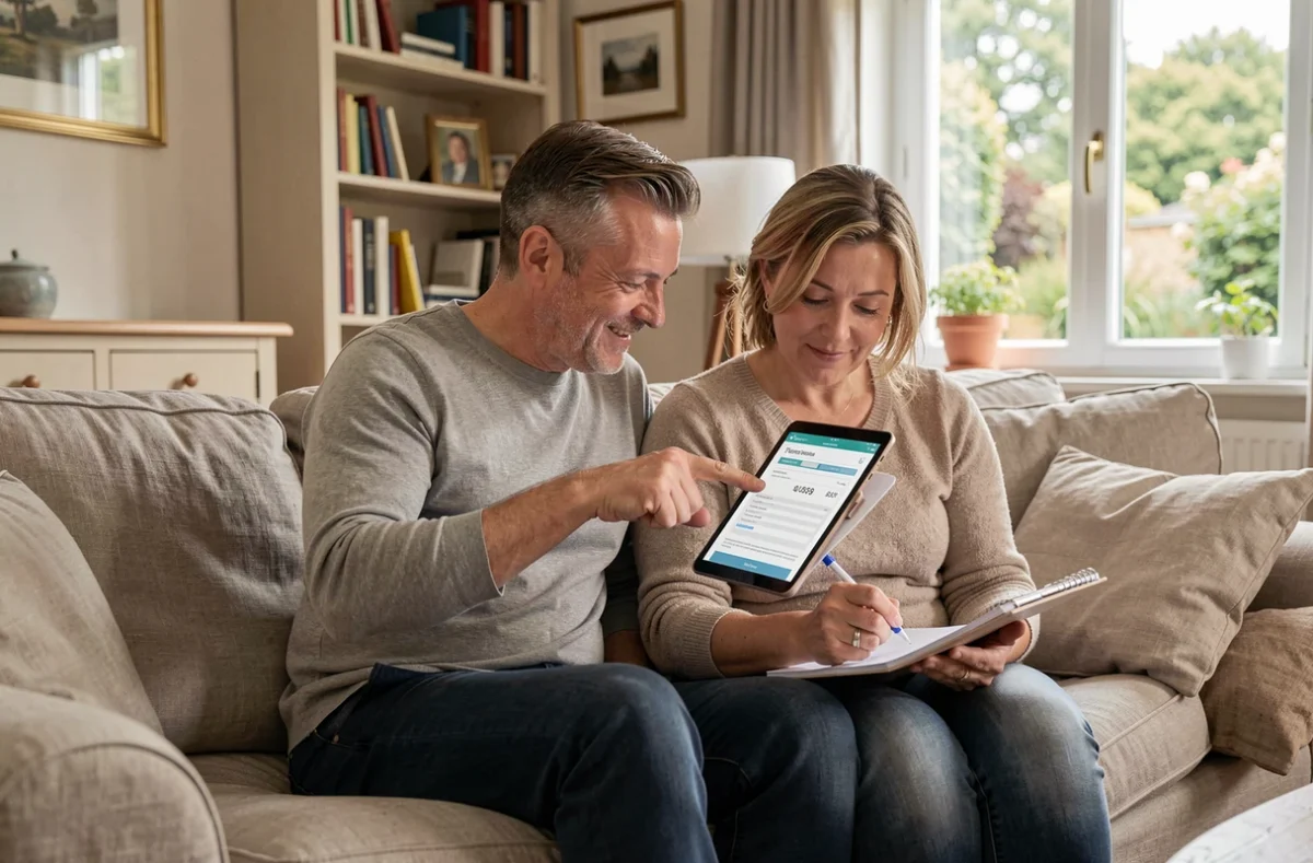 Couple comparant des simulations d'assurance habitation sur une tablette dans leur salon