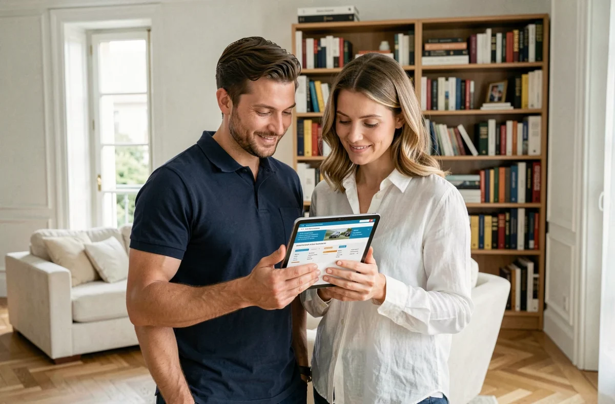 Couple consultant une comparaison d'assurance habitation en ligne depuis leur salon