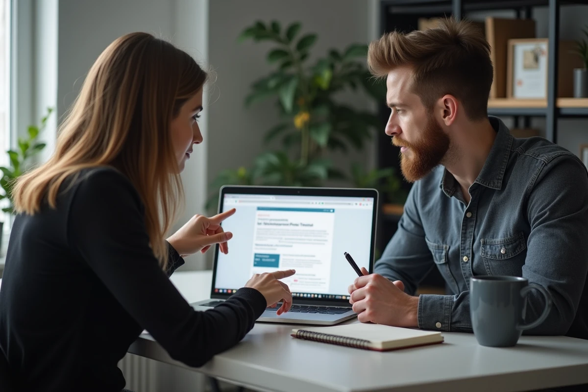 Couple consultant des informations juridiques sur le préavis de location sur un ordinateur