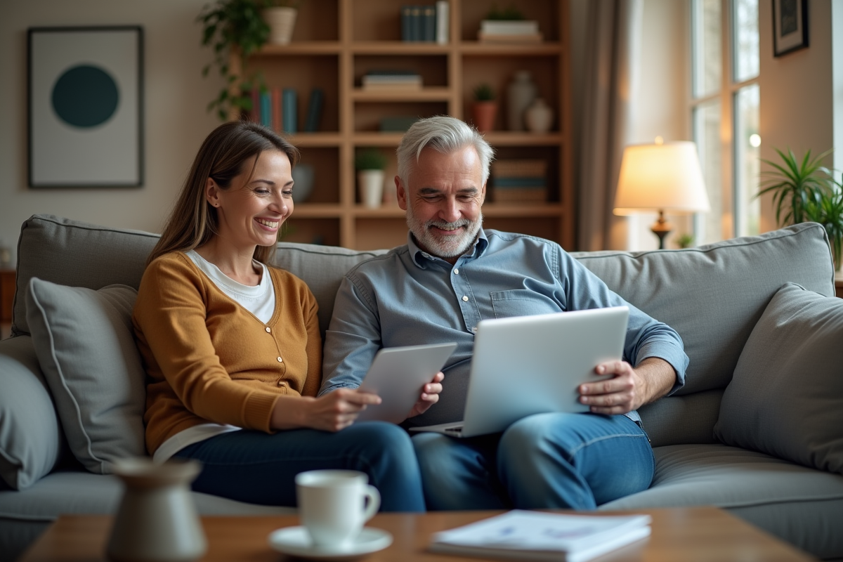 Couple souriant utilisant un ordinateur pour comparer des taux hypothécaires