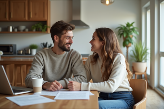 Jeune couple souriant dans une cuisine moderne