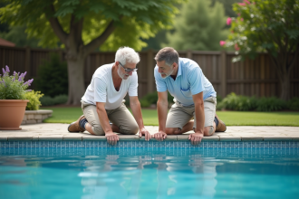 Couple inspectant la piscine dans un jardin paisible