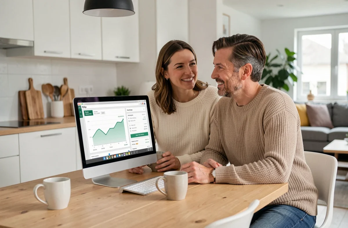 Couple consultant un outil d'estimation immobilière en ligne sur ordinateur dans leur cuisine moderne