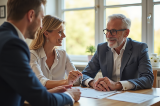Couple souriant avec agent immobilier dans une maison lumineuse