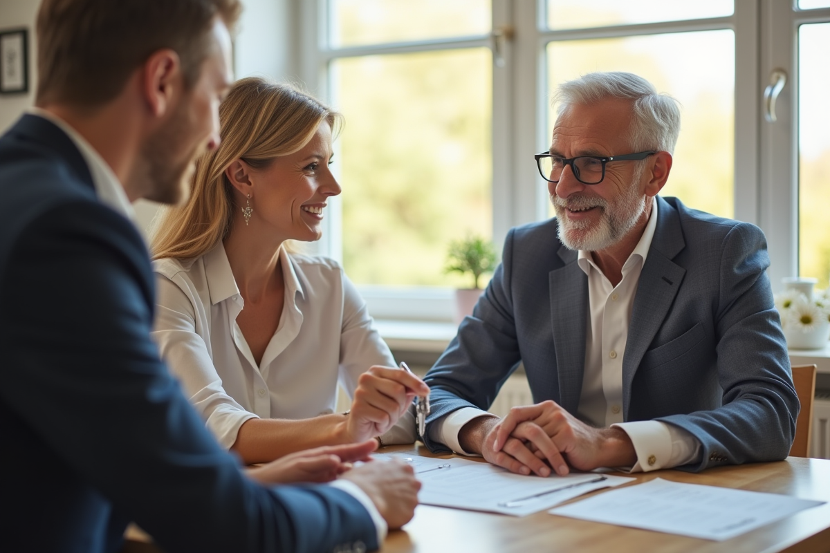 Couple souriant avec agent immobilier dans une maison lumineuse