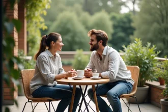 Jeune couple détendu sur terrasse jardin en été