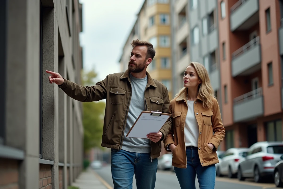 Couple devant un immeuble de logement social consultant une liste de vérification après obtention d'un avis d'attribution favorable