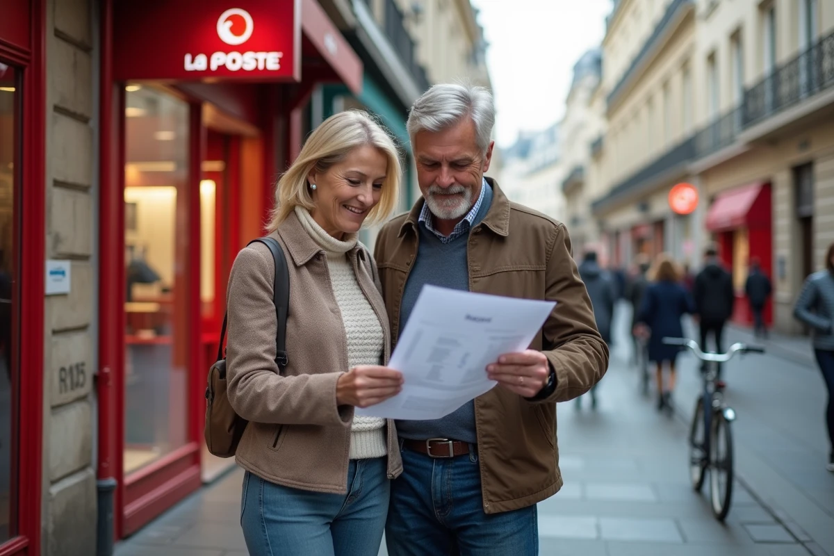 Couple examinant une offre de prêt immobilier La Poste devant une agence postale en ville