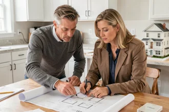 Couple examinant des plans architecturaux pour l'achat d'une maison neuve construite par un professionnel