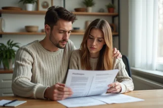 Jeune couple primo-accédant examinant des documents de prêt immobilier à leur table de cuisine