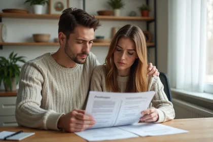 Jeune couple primo-accédant examinant des documents de prêt immobilier à leur table de cuisine