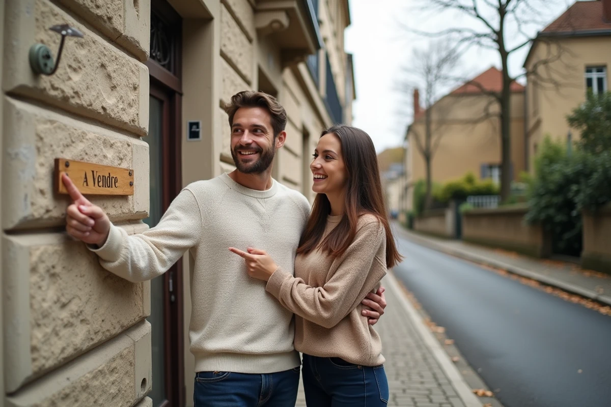 Couple de primo-accédants devant un immeuble résidentiel avec panneau à vendre en France