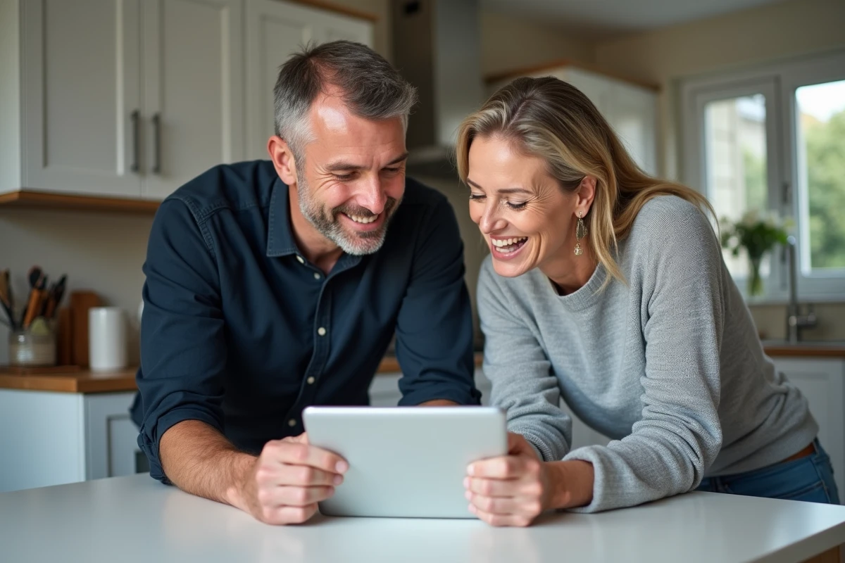 Couple de propriétaires consultant ensemble une estimation immobilière gratuite sur une tablette dans leur cuisine moderne
