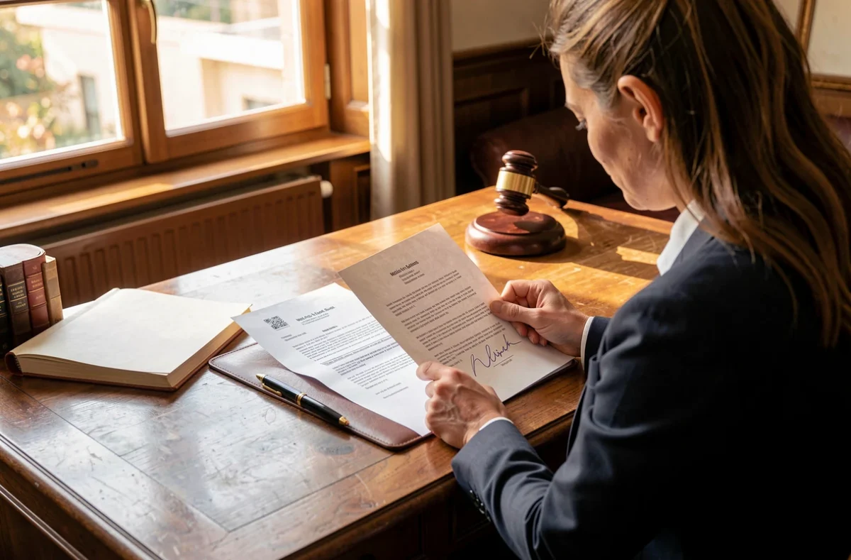 Couple relisant un compromis de vente sur le bureau d'un notaire