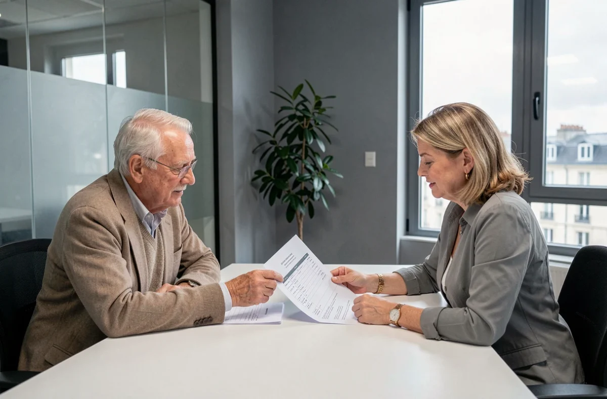 Couple de retraités en réunion avec une notaire pour discuter des frais de notaire liés à une vente en viager