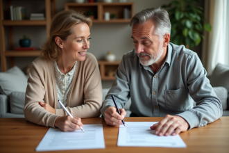 Couple de milieu d'âge examinant des documents d'assurance à la maison