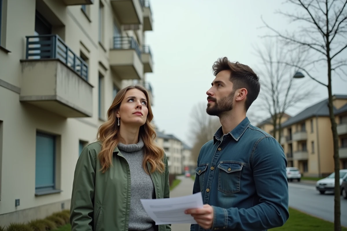 Couple de bénéficiaires du RSA devant un immeuble HLM lors d'une visite de logement social