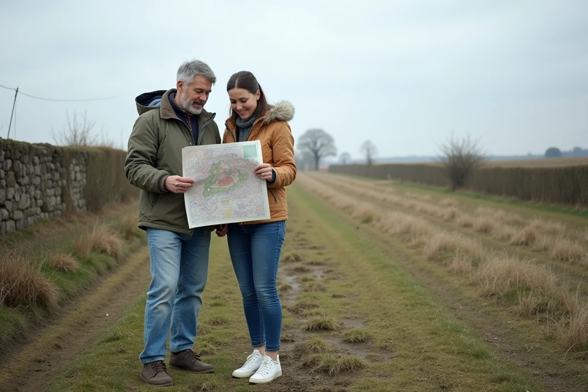 Couple consultant un plan cadastral sur un terrain vide à donner en milieu rural français