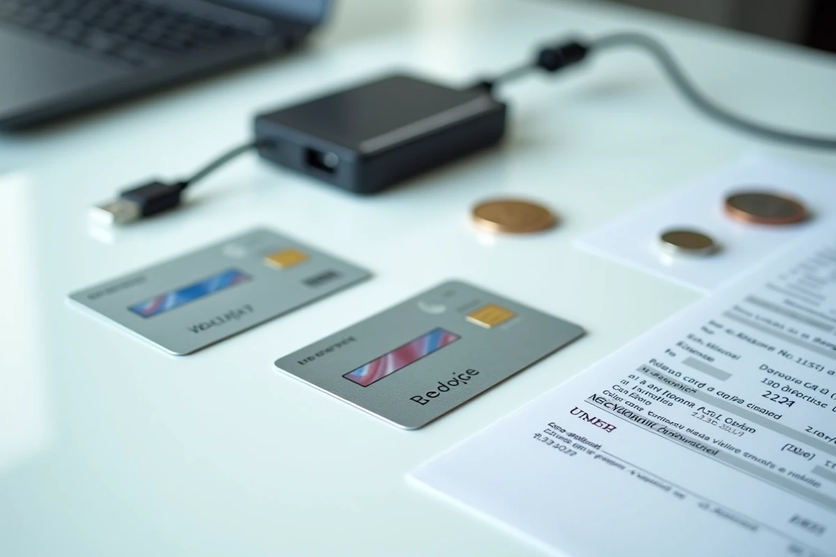 Vue aérienne d'un badge RFID original, d'une copie et d'un duplicateur de cartes avec une facture représentant le coût de la copie