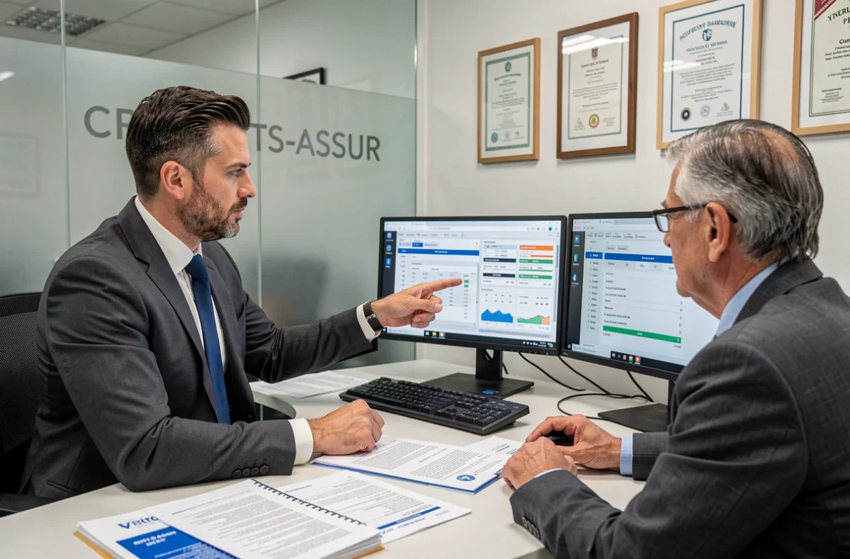 Courtier CREDITS-ASSUR présentant une simulation de prêt immobilier et assurance à des clients