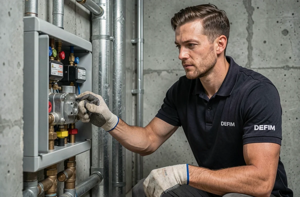 Technicien DEFIM Lille Métropole inspectant une installation de gaz dans un sous-sol résidentiel