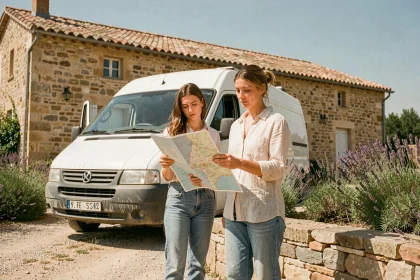 Femme consultant une carte devant un camion de déménagement devant une maison en pierre du Sud de la France