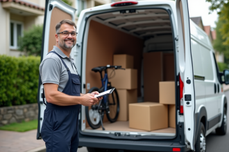 Déménageur souriant vérifiant un clipboard à côté d'un van blanc