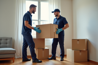 Deux hommes en uniforme organisent des cartons dans un salon lumineux