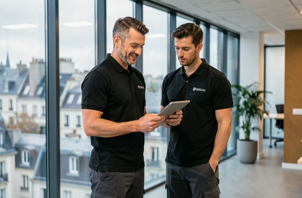 Technicien DIAG360 évaluant un espace de bureaux moderne avec vue sur une ville du Nord