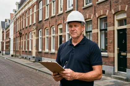 Diagnostiqueur immobilier professionnel devant un immeuble en briques du Nord de la France